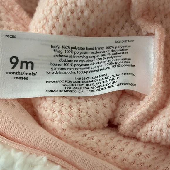 Carters hooded fleece Pink/white unicorn 1 piece outfit/costume. Size 9 mo. NWT - Picture 11 of 12